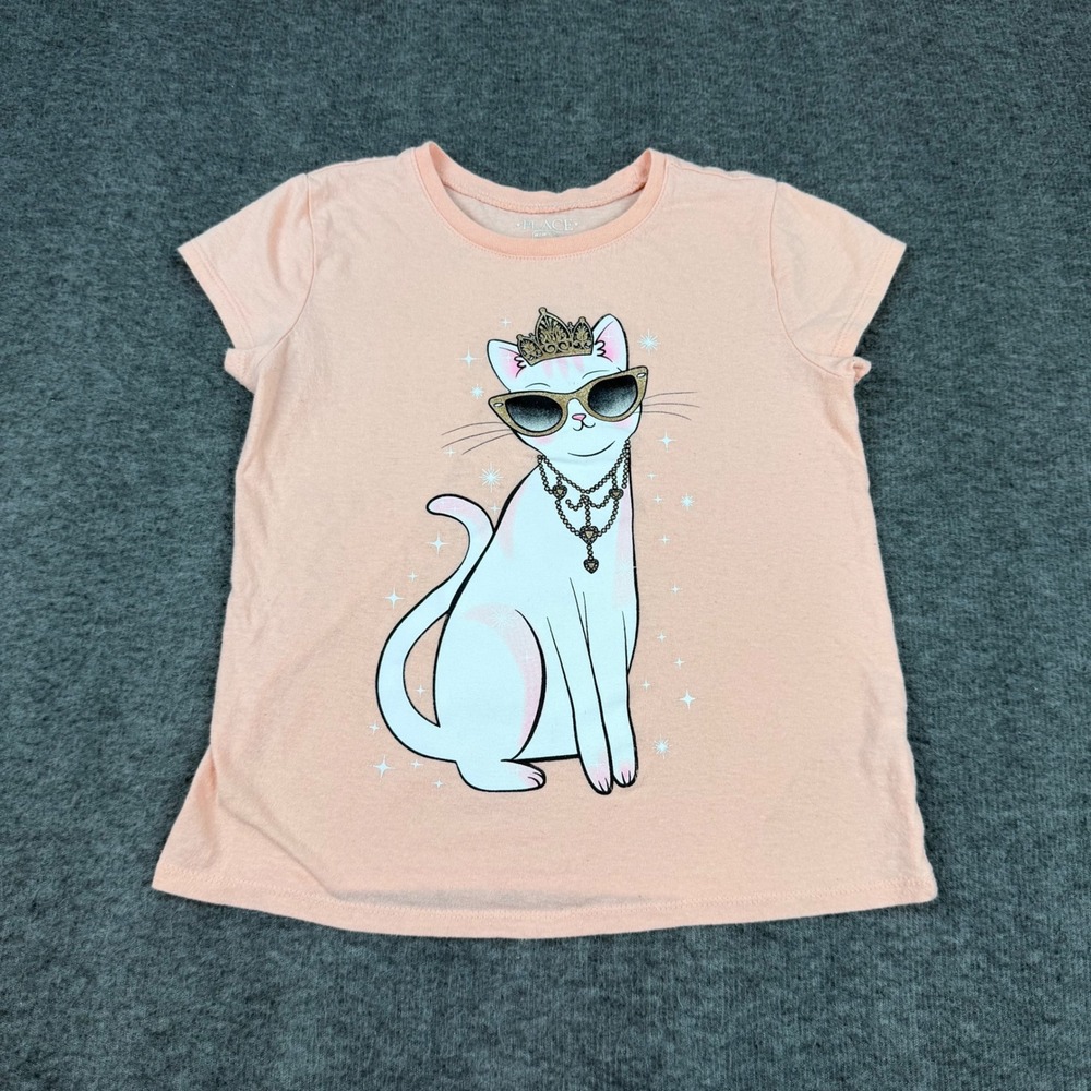The Children's Place Graphic Tee Kids Size 7/8 Peach Cat Tiara Sunglasses Cotton